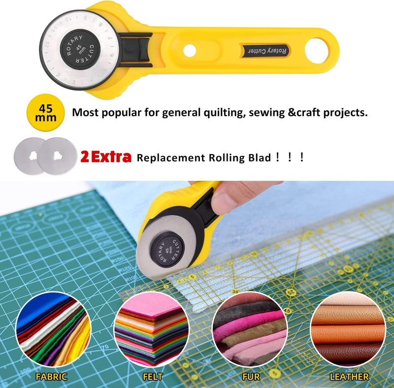 KingTool 78 Pcs Rotary Cutter Set - 45mm Cutter Kit with A3 Cutting Mat, Fabric Scissors 3 Replacement Blades, Quilting Rulers, Sewing Clips, Sewing Pins - Perfect for Crafting,Quilting,Sewing - Image 3